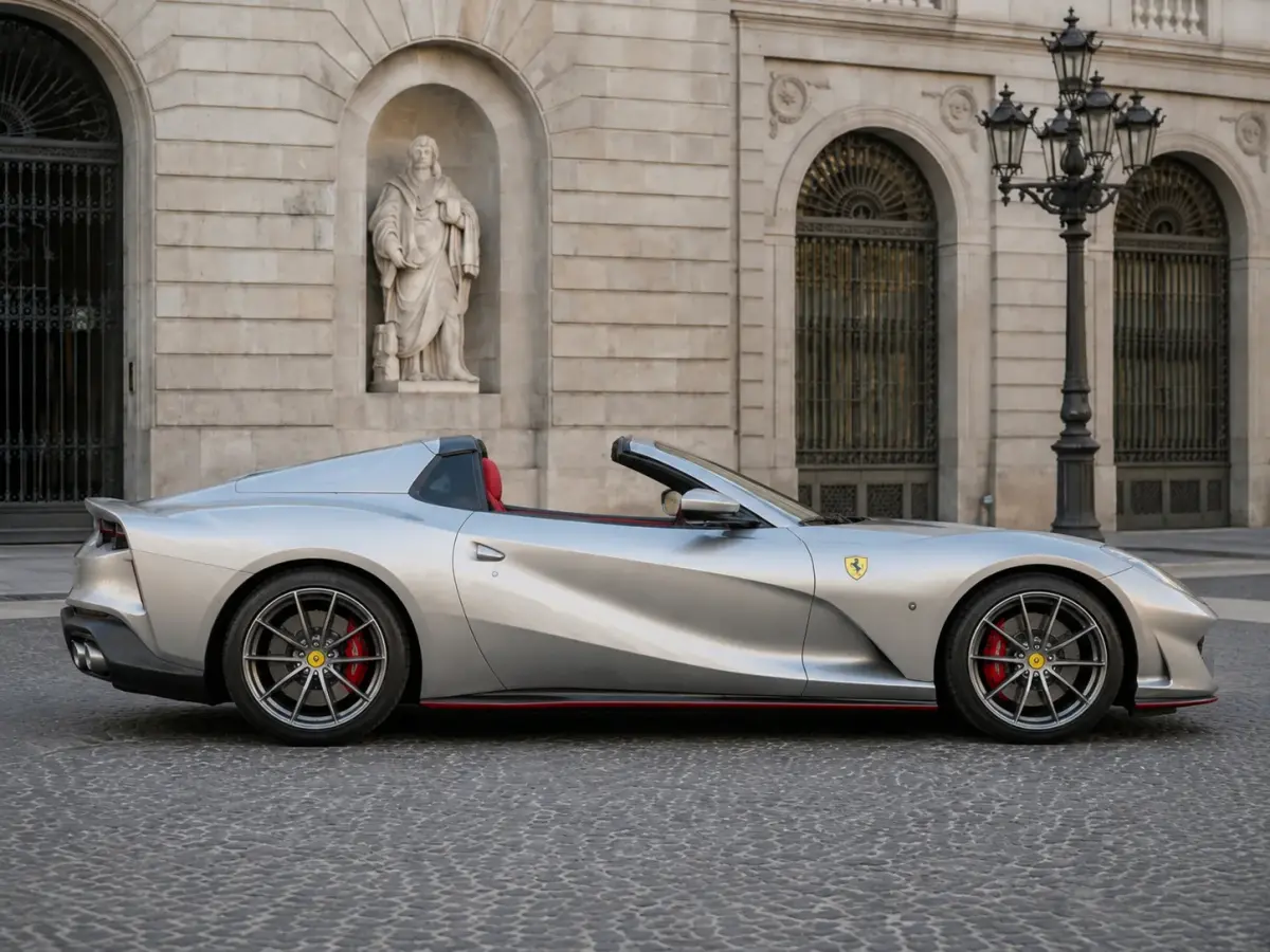 Ferrari 812 GTS 2024, profil latéral — Nice Super Car Rental, Nice. La Ferrari 812 GTS marie la puissance brute d'un V12 à la découverte à ciel ouvert, dans…