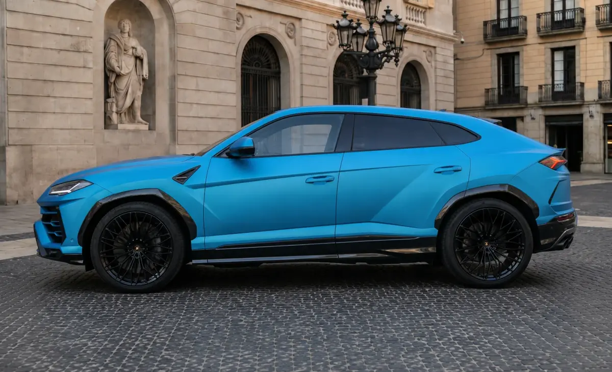 Lamborghini Urus SE 2025, profil latéral — Nice Super Car Rental, Nice. Le Lamborghini Urus SE marie la carrosserie SUV à une mécanique de 800 chevaux, une…