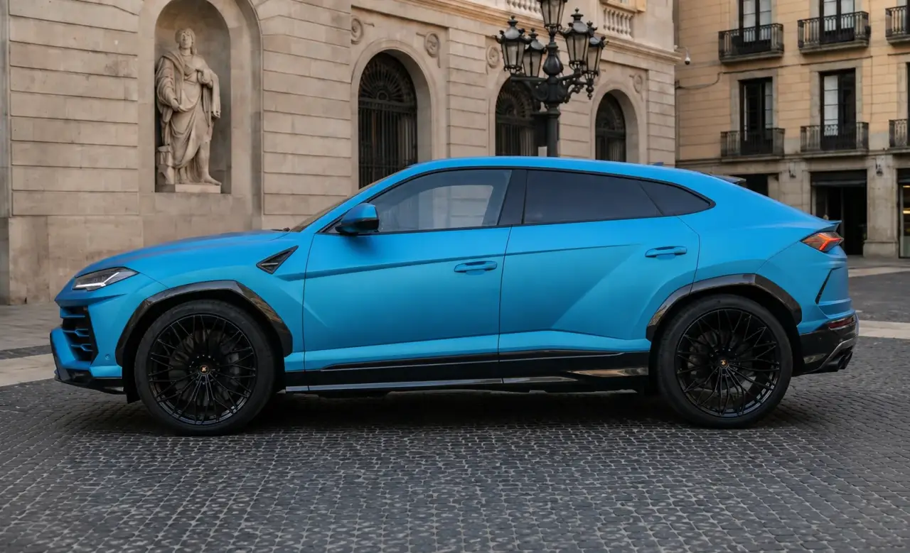 Lamborghini Urus SE 2025, profil latéral — Nice Super Car Rental, Nice. Le Lamborghini Urus SE marie la carrosserie SUV à une mécanique de 800 chevaux, une…