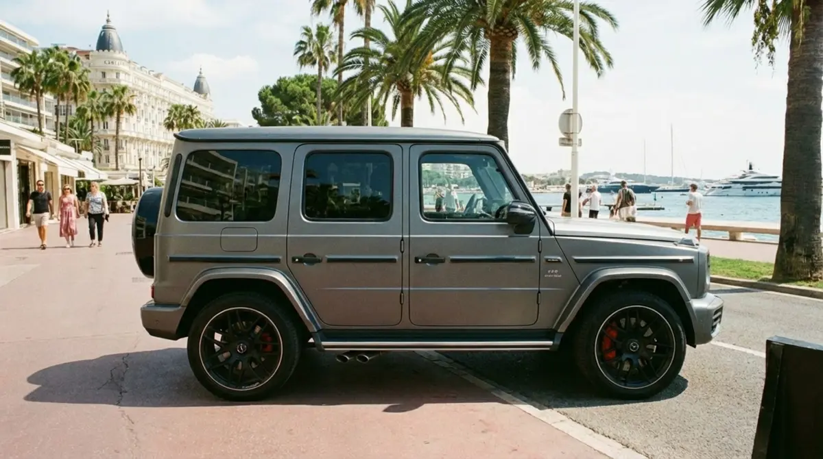 Mercedes Benz G63 2023, extérieur — Nice Super Car Rental, Nice. Le Mercedes-Benz G63 impose son gabarit carré et sa ligne verticale reconnaissable entre…