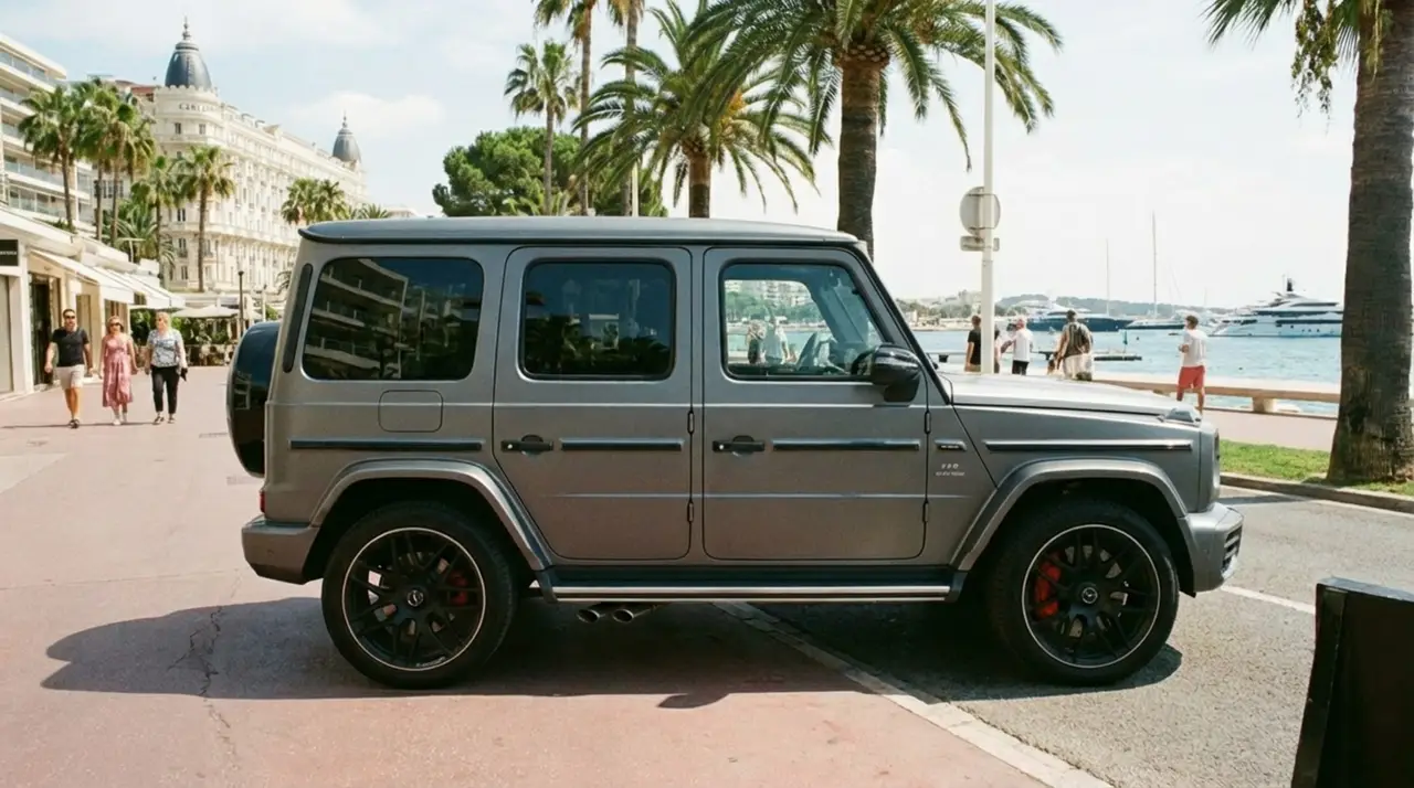 Mercedes Benz G63 2023, extérieur — Nice Super Car Rental, Nice. Le Mercedes-Benz G63 impose son gabarit carré et sa ligne verticale reconnaissable entre…