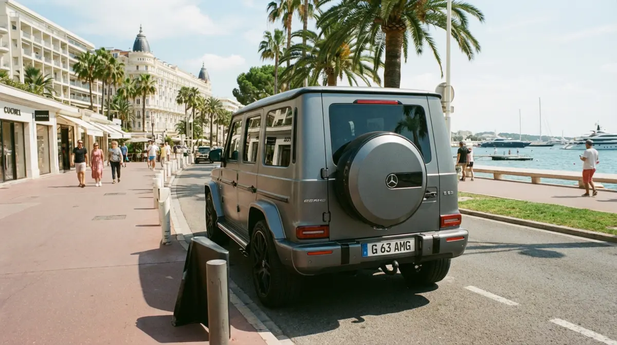 Mercedes Benz G63 2023, vue avant — Nice Super Car Rental, Nice. Le Mercedes-Benz G63 impose son gabarit carré et sa ligne verticale reconnaissable entre…