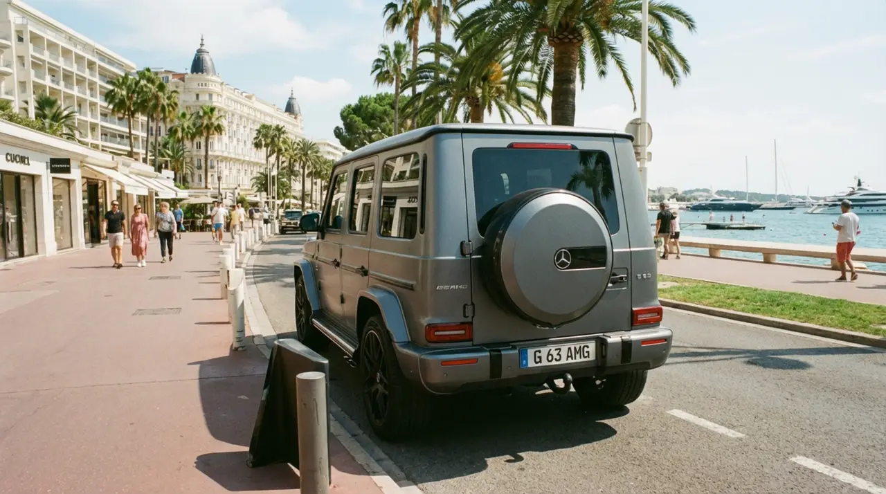 Mercedes Benz G63 2023, vue avant — Nice Super Car Rental, Nice. Le Mercedes-Benz G63 impose son gabarit carré et sa ligne verticale reconnaissable entre…