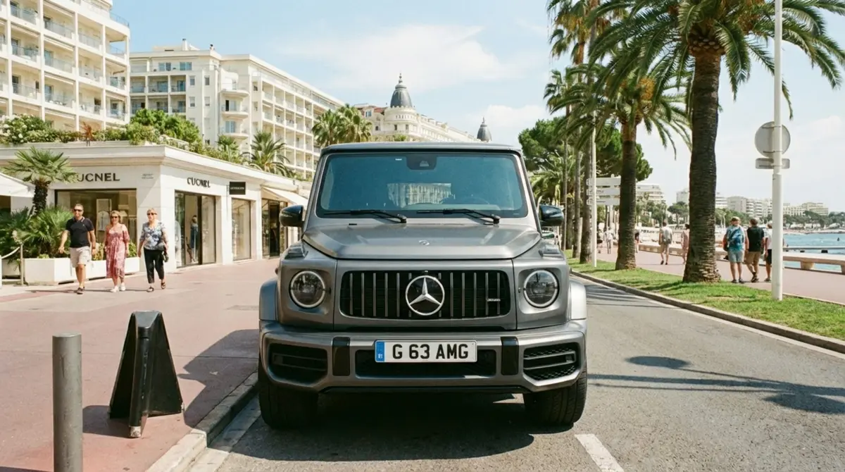 Mercedes Benz G63 2023, vue arrière — Nice Super Car Rental, Nice. Le Mercedes-Benz G63 impose son gabarit carré et sa ligne verticale reconnaissable entre…