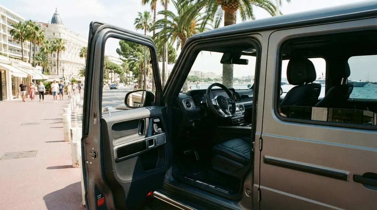 Mercedes Benz G63 2023, tableau de bord — Nice Super Car Rental, Nice. Le Mercedes-Benz G63 impose son gabarit carré et sa ligne verticale reconnaissable entre…