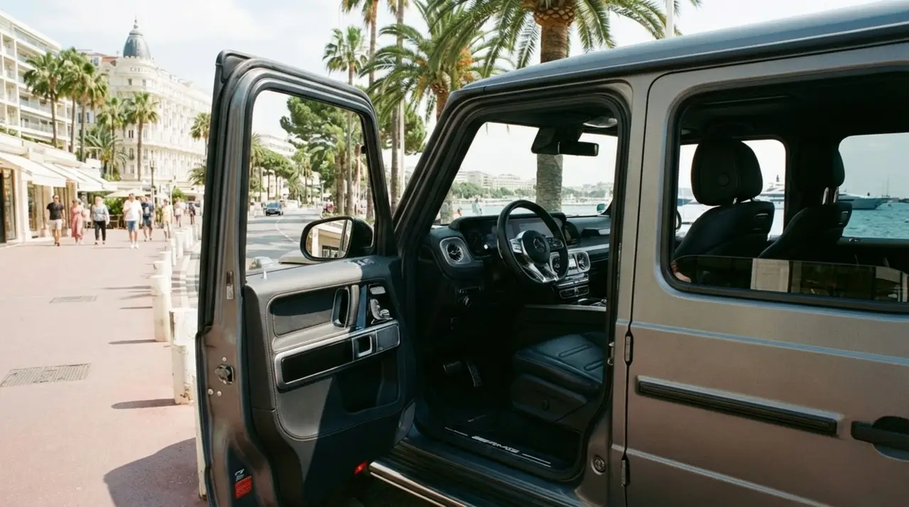 Mercedes Benz G63 2023, tableau de bord — Nice Super Car Rental, Nice. Le Mercedes-Benz G63 impose son gabarit carré et sa ligne verticale reconnaissable entre…