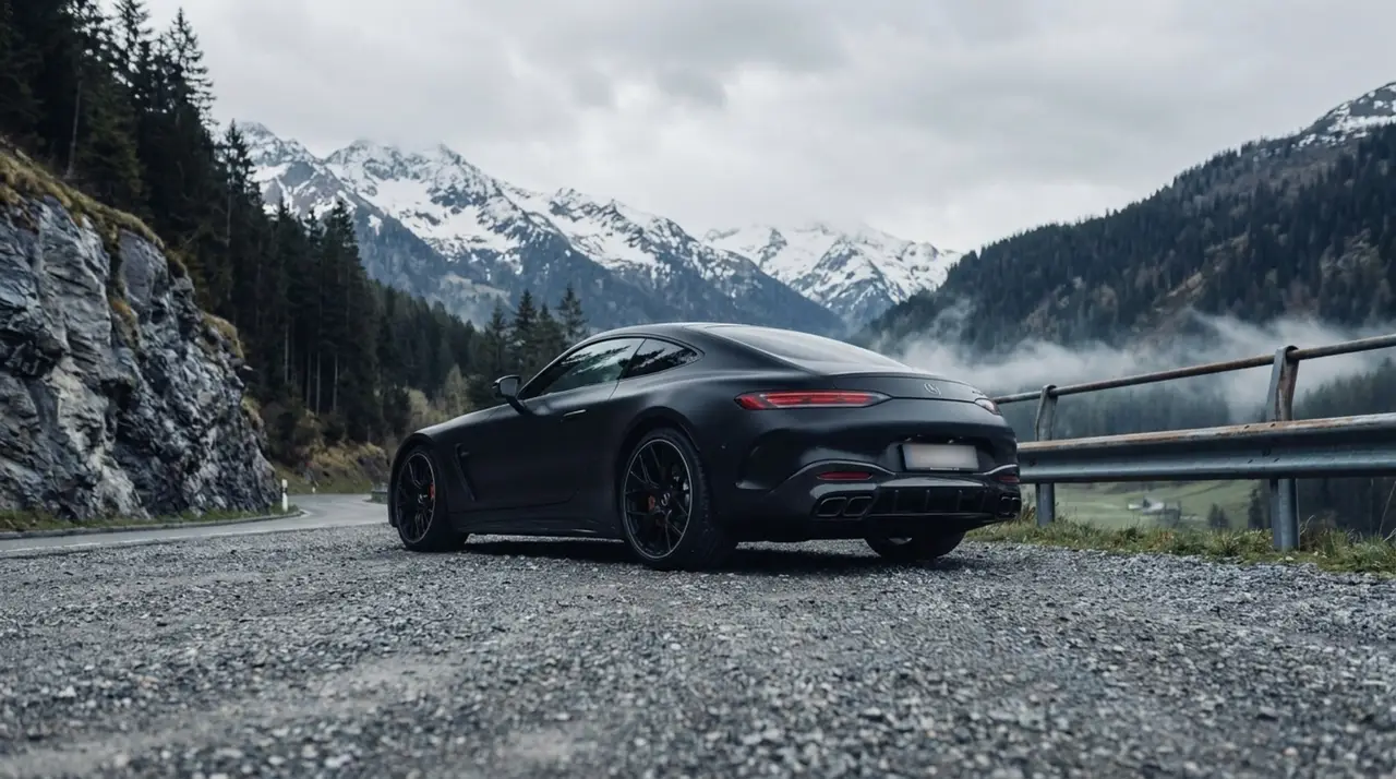 Mercedes Benz GT63 AMG Coupe 2024, vista frontal — Nice Super Car Rental, Niza. El Mercedes Benz GT63 AMG Coupé 2024 es un deportivo de dos plazas con 577 CV, pensado…