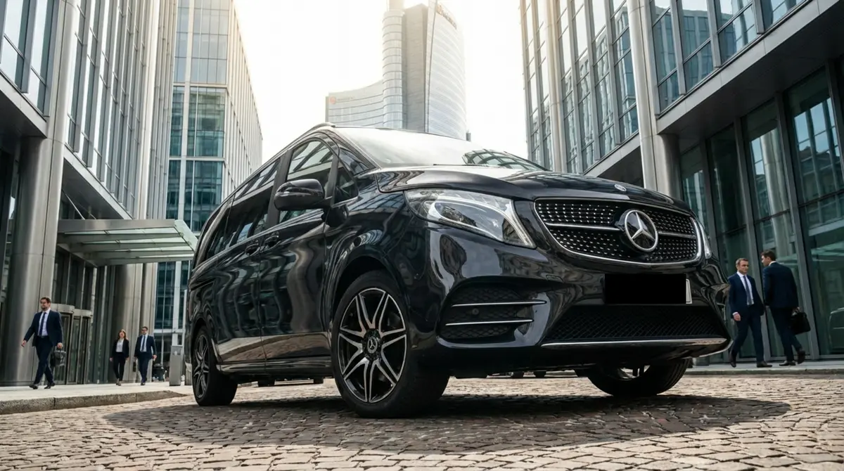 Mercedes V Class 2026, extérieur — Nice Super Car Rental, Nice. Le Mercedes Benz V Class 2026 répond à un besoin précis : déplacer jusqu'à huit personnes…