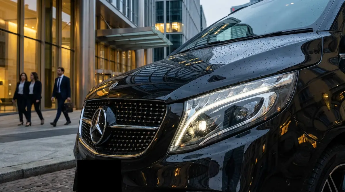 Mercedes V Class 2026, vue avant — Nice Super Car Rental, Nice. Le Mercedes Benz V Class 2026 répond à un besoin précis : déplacer jusqu'à huit personnes…