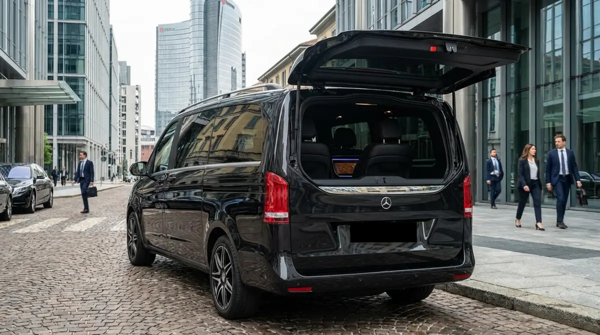 Mercedes V Class 2026, vue arrière — Nice Super Car Rental, Nice. Le Mercedes Benz V Class 2026 répond à un besoin précis : déplacer jusqu'à huit personnes…