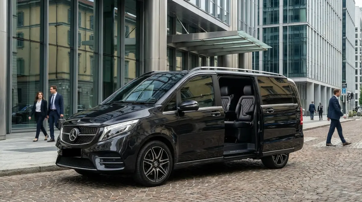 Mercedes V Class 2026, intérieur — Nice Super Car Rental, Nice. Le Mercedes Benz V Class 2026 répond à un besoin précis : déplacer jusqu'à huit personnes…