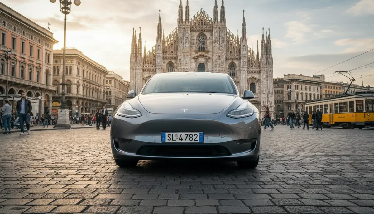 Tesla Model Y Long Range 2023, vista frontal — Nice Super Car Rental, Niza. El Tesla Model Y Long Range de 2023 aporta una experiencia de conducción distinta dentro…